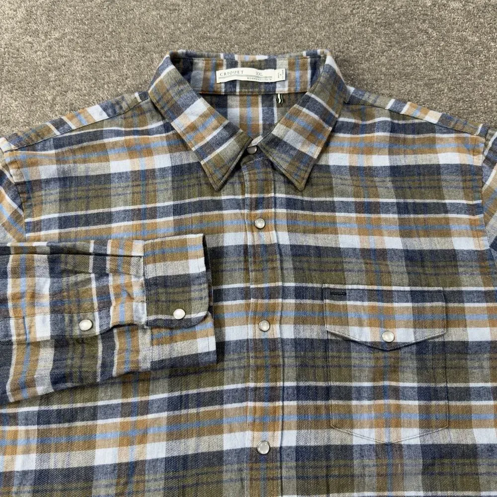 Criquet Mens XXL Flannel Plaid Long Sleeve‎ Button Shirt Blue Olive Tan Casual